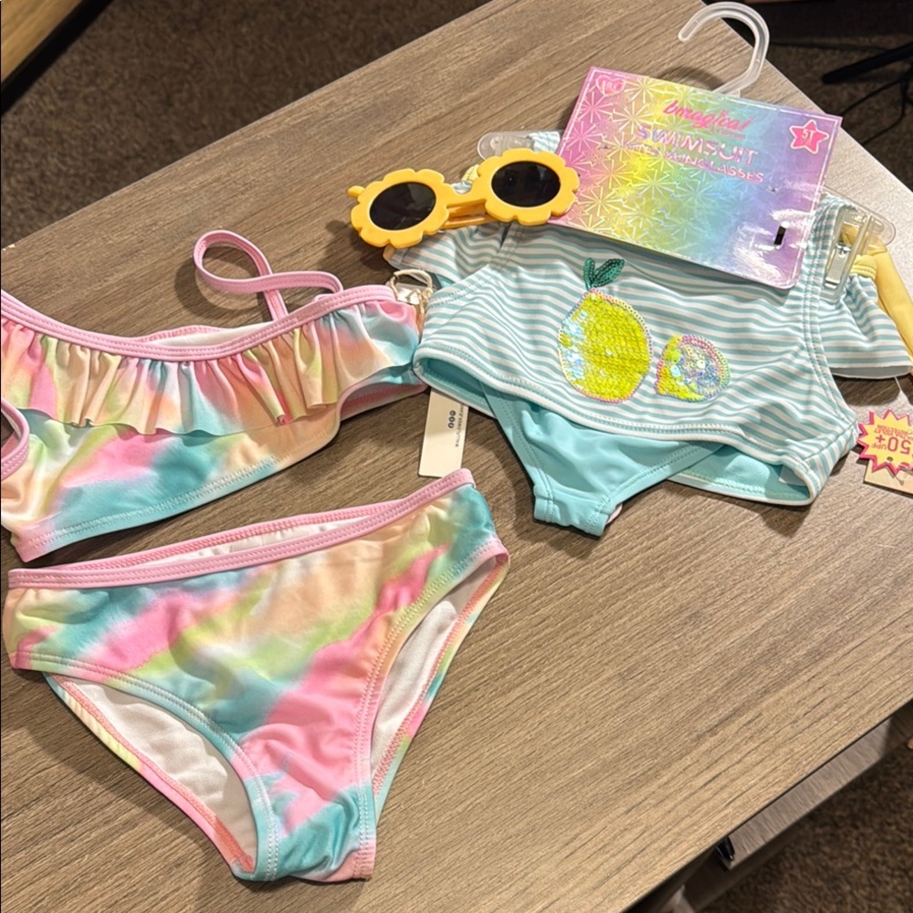 NWT swim bundle girls size 5 Colorful Swimsuit Set with Sunglasses & a 2 piece